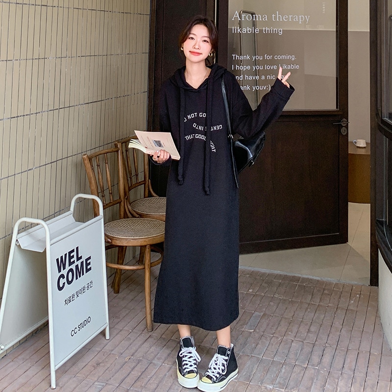 2024新しいニッチフード付き刺繍サイドスカートルーズスリミングミッドレングスカジュアルスウェットシャツドレス