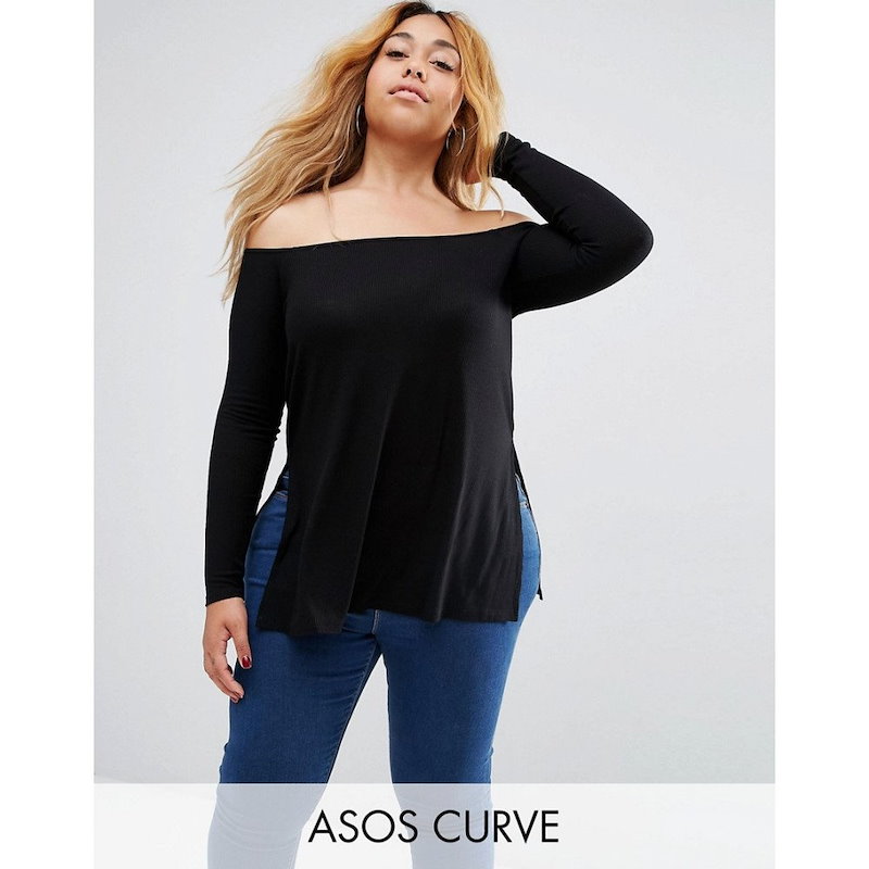エイソス レディース トップス オフショルダー【ASOS CURVE Off Shoulder Slouchy Top With Side Splits】Black エイソス レディース トップス オフショルダー【ASOS CURVE Off Shoulder Slouchy Top With Side Splits】Black