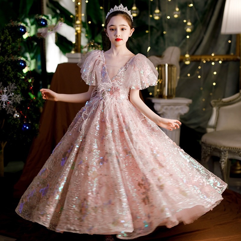 【2枚購入で 3oo円OFF】女の子のドレスリトルガール10歳のプリンセスドレススパンコールホストショーピアノパフォーマンス子供