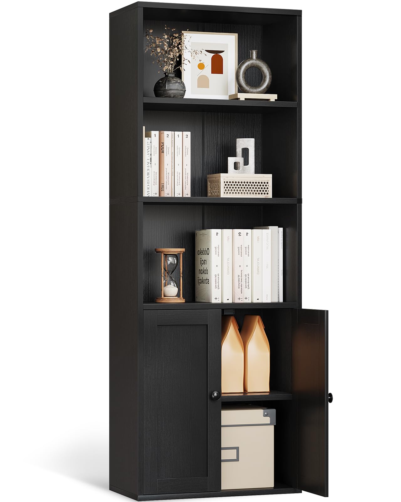 AODK 本棚 大容量 オープンシェルフ 5段 棚 スリム 収納ラック 幅48cm 扉付き おしゃれ 組立品 工具別途要 ブラック