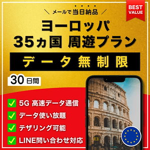 【データ無制限】 ヨーロッパ 欧州 35ヶ国 eSIM 30日間／データ使い放題／5G・4G高速データ通信／テザリング可能／当日納品／パスポート登録不要