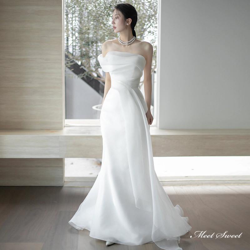 ウェディングドレス ロングドレス マーメイドライン オフショルダー 二次会 結婚式 前撮り 花嫁 ウエディングドレス サテン 海外挙式 韓国風 ブライダル