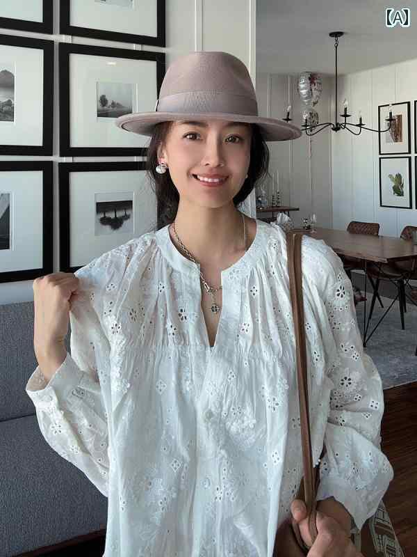 レディース　　シャツ　トップス ネイビー キー ドレープ シルク リネン 精巧 刺繍 レディース バケーションスタイル エレガント シャ ツル ミュゼ