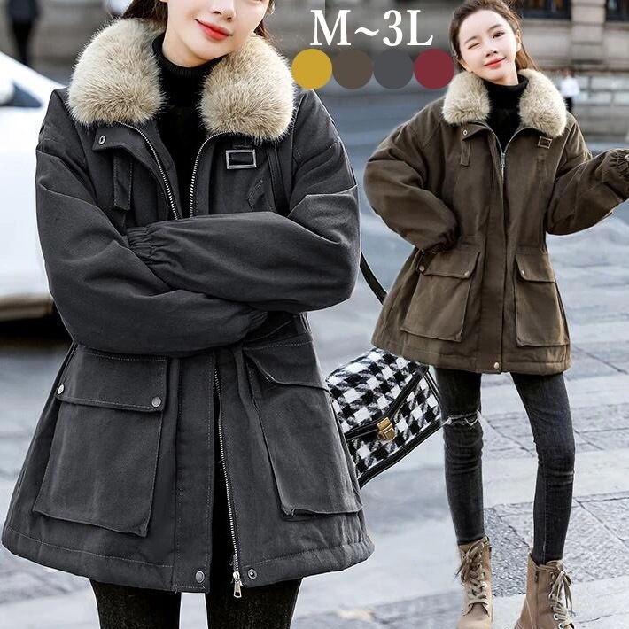 コート レディース ファー付き　中綿　裏ボア　モッズコート　ミリタリー バックロゴ　デニムコート　防寒着　ブルゾン　アウター ロング　大きいサイズ　温かい　秋冬　M　L　2L　3L今日は30パーセント