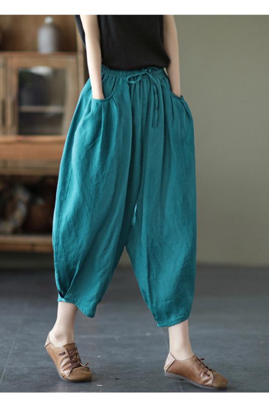 パンツ レディース 夏 ハーレム ズボン 九分丈 薄手 コットン リネン 柔らかい ワイドレッグ 大きいサイズ ウエストゴム ポケット 清涼感 シンプル カジュアル 茶 青 赤