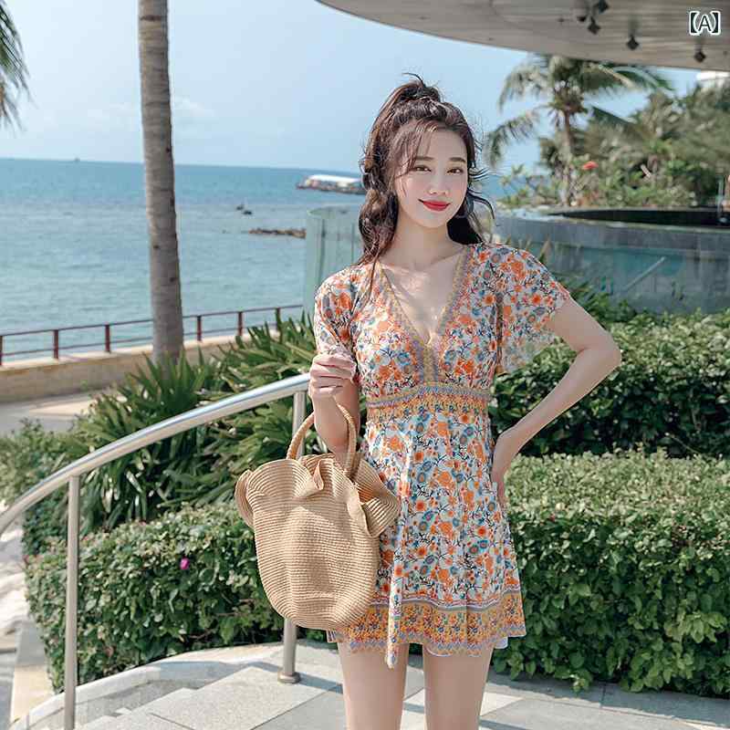 レディース 水着 ワンピース 半袖 フレアスカート 太もも丈 バストプッシュアップ 女性用 Vネック ウエストヒップカバー ゆったり 大きいサイズ ミディアムスリーブ オレンジ＆ブルー花柄画像参照 エ 7,721円