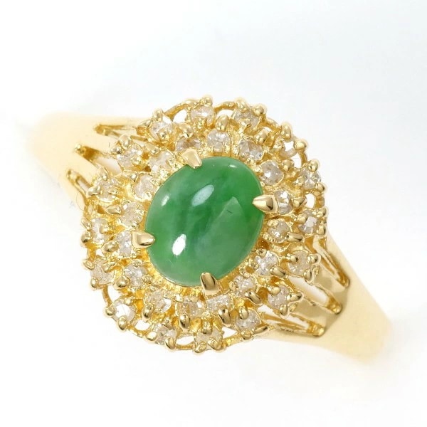 K18 18金 YG イエローゴールド リング 指輪 15号 ヒスイ ダイヤ ジュエリー 中古