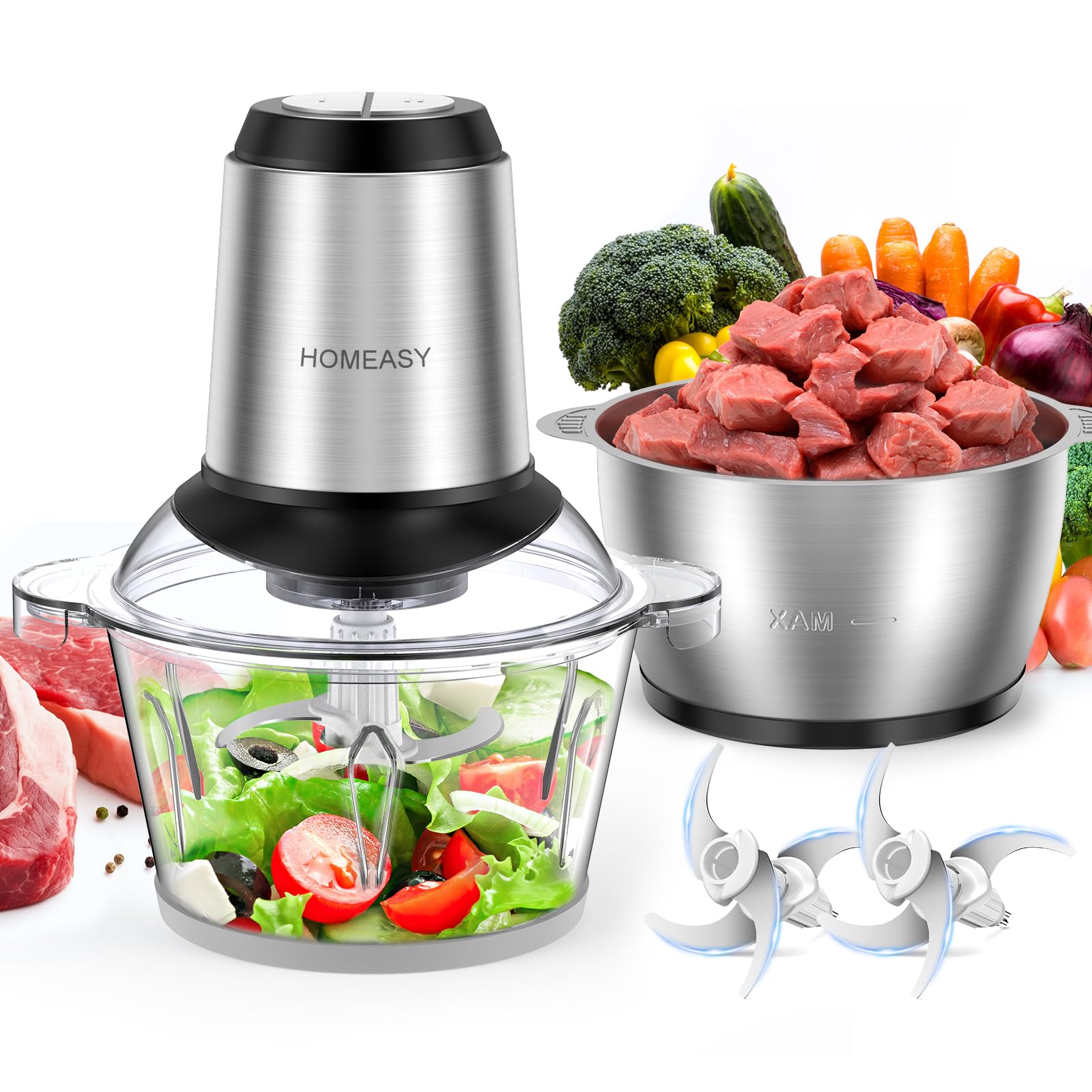 HOMEASY フードプロセッサー 1.8L大容量 【2種類ボウル&収納簡単】 2段階スピード 4枚刃カッター ミキサー 350Wハイパワー みじん切り 一台多役 簡単操作 水洗い可能