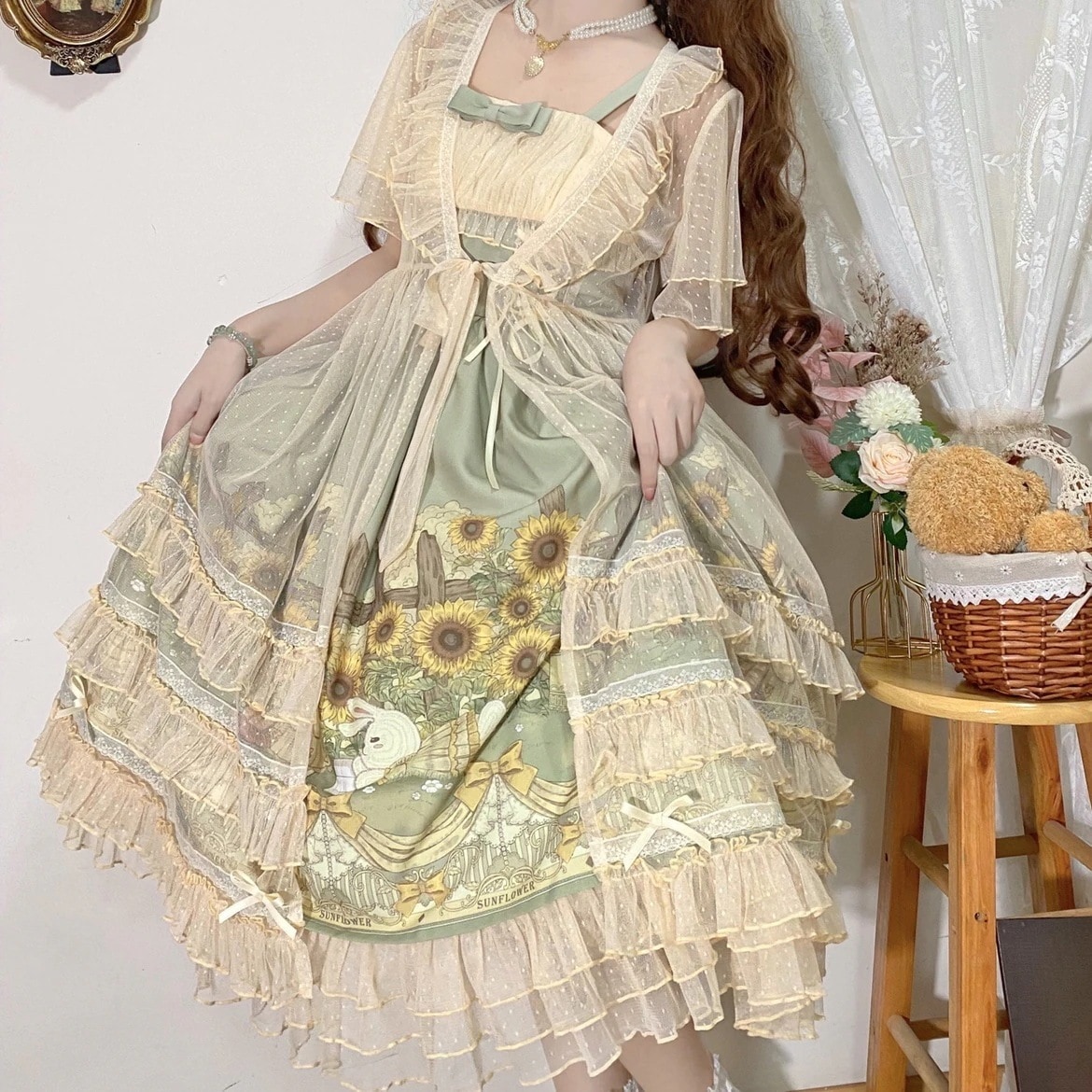 【フルセット】デザインひまわり物語lolitaサスペンダースカートブラウスロリータワンピースエレガント