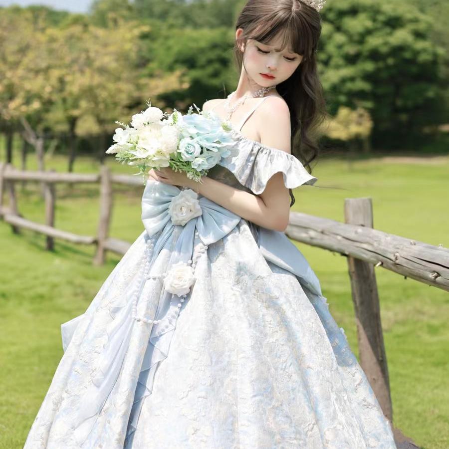 Lolita秋ロングドレスピンクパーティードレス女子卒業式プリンセスドレス