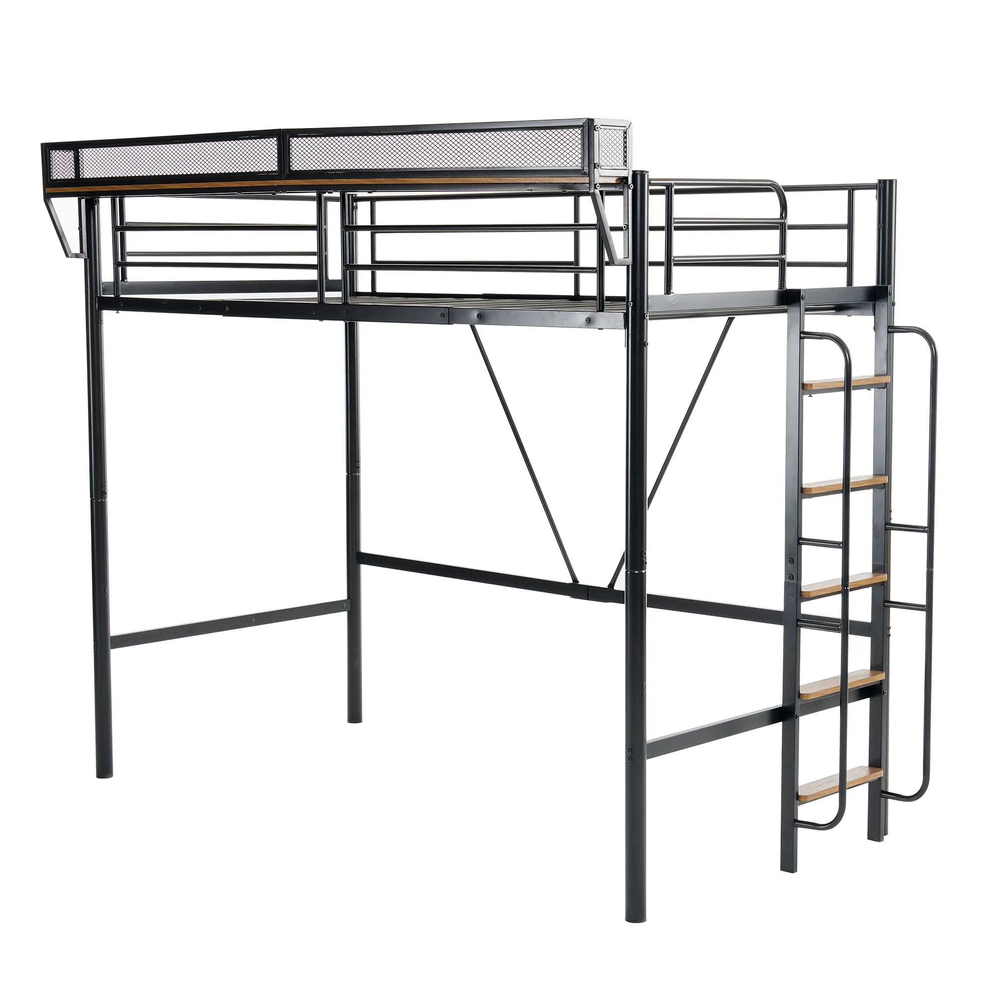 国内発送！A43ブラック】システムベット 宮棚　ロフトベッド シングル 手すり付き階段 便利な側面収納 北欧風 大人用　 スチール 耐震