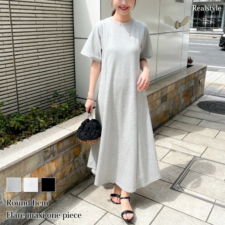 ラウンドヘム切替デザインライトスウェットマキシフレアワンピース レディース 春 夏 半袖 ロング丈 マキシ丈 Aライン おしゃれ きれいめ カジュアル 可愛い 膝下 ライトスエット シンプル 細見え