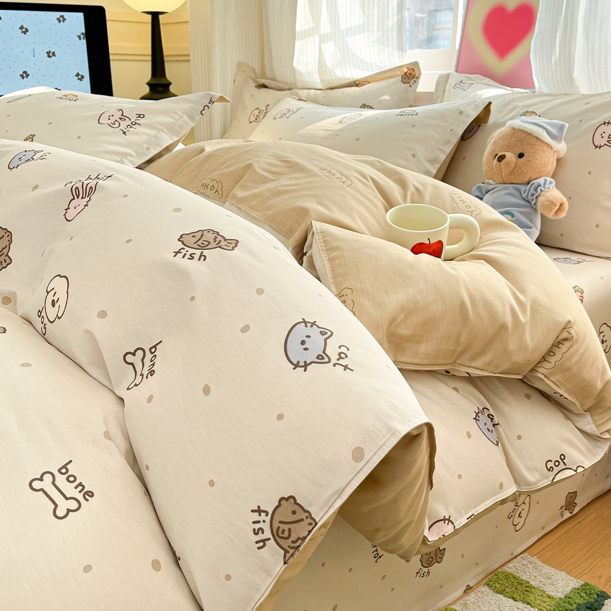 小清新全綿ベッド上4点セット純綿布団カバーアニメ子供布団カバーシーツベッド笠3点セット 5,627円