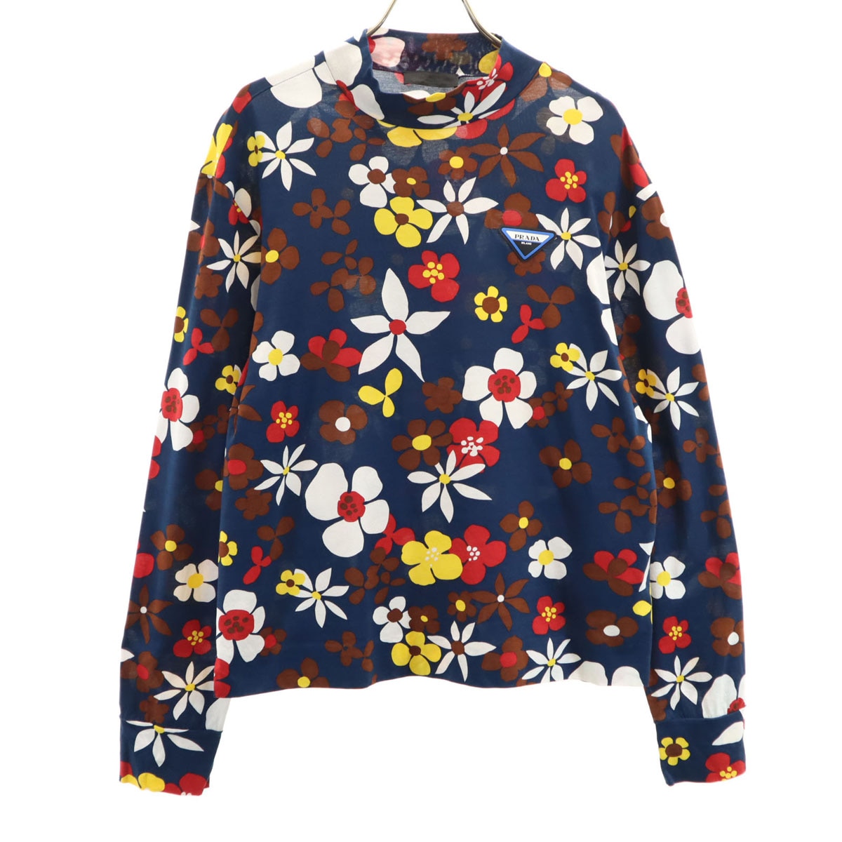 イタリア製 花柄 長袖 モックネック Tシャツ M ネイビー メンズ 古着