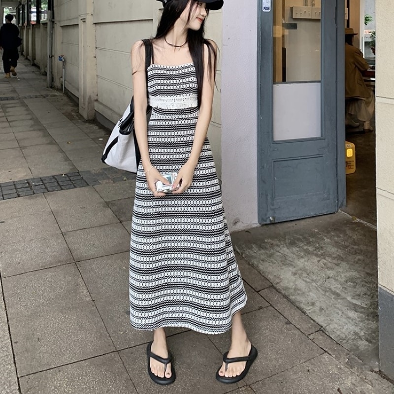 ワンピース キャミワンピース ジャガードキャミワンピース ロング マキシ丈 袖なし Aライン ドッキング バックスリット 切り替えデザイン ハイウエスト 大人可愛い おしゃれ アジアン こなれ感