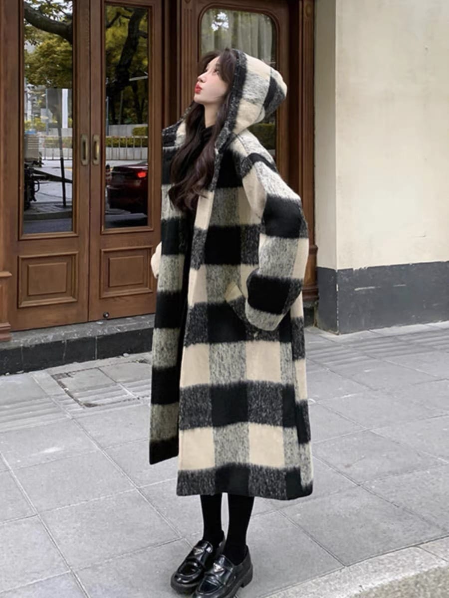 ヴィンテージ フード付き チェック柄 ツイード ジャケット レディース 2024 冬 デザイン ミディアム丈 超いいコート