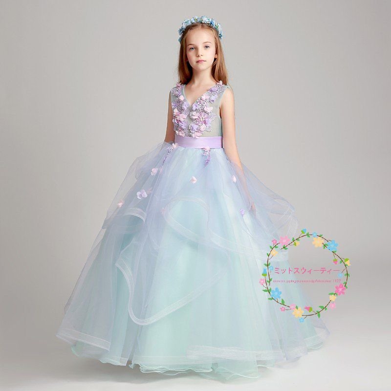 子供ドレス ピアノ発表会 青 キッズドレス 披露宴 ロングドレス 入園式 子どもドレス 結婚式 ウエ