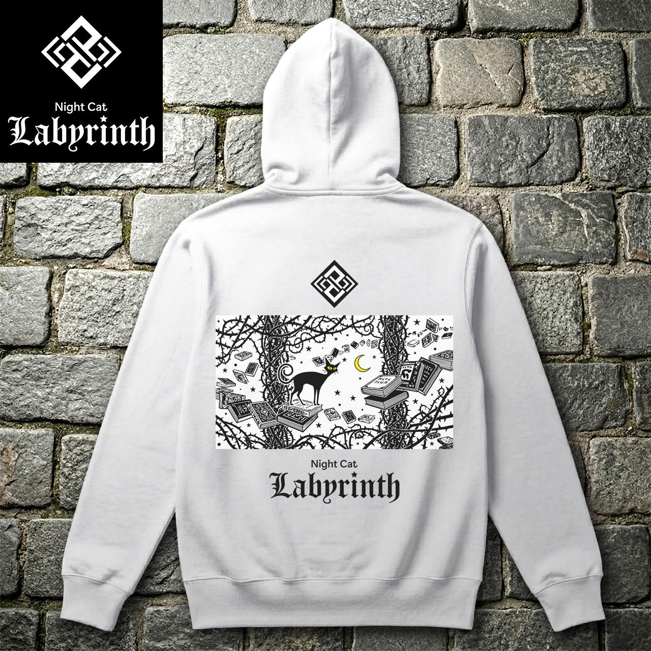 【Night Cat Labyrinth】ナイトキャットラビリンス 『空中図書館』 フルジップパーカー 10oz 裏パイル (ホワイト)　黒猫 ゴシック ダークファンタジー ストリートファッション