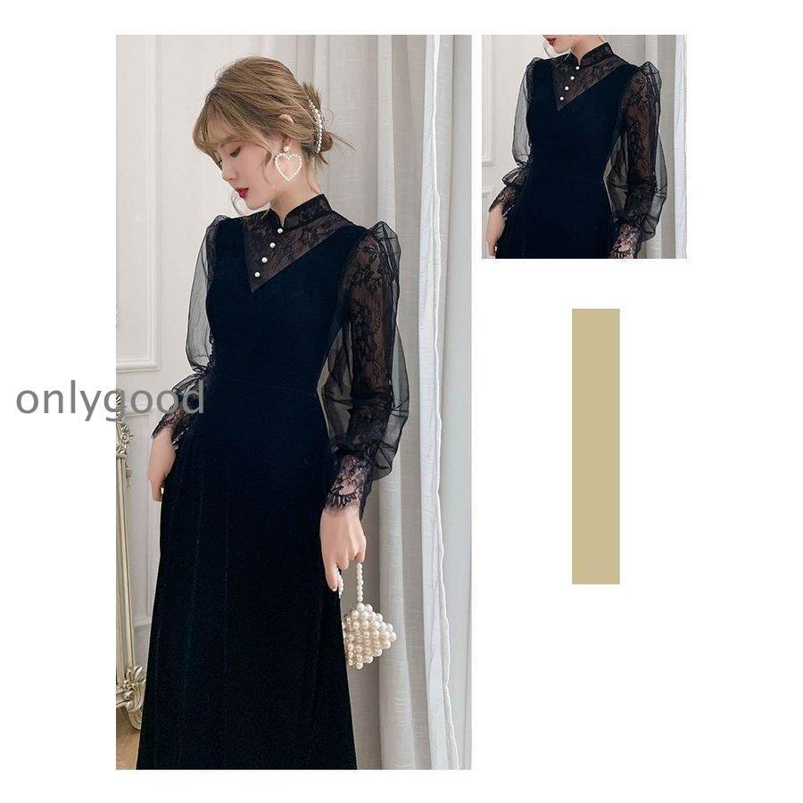 ワンピースドレスドレス袖あり ドレス 結婚式 長袖 かっこいい 二次会 個性的 レース おしゃれロング お呼ばれ おしゃれ 大人 演奏会 パーティードレス 黒 発表会