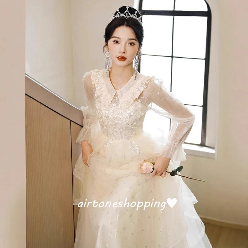 結婚式ドレス 二次会ドレス シャンパン色 折り襟 襟付き 可愛い ロングドレス 成人式ドレス 同窓会 謝恩会 パフスリーブ チュール ドレス フレア フリル イブニングドレス パーティードレス 大きい