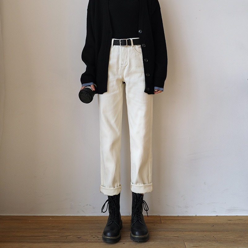 選べる デニムパンツ テーパード ハイウエスト ストレート レギュラー フリースあり ボア付き ワイド ハイライズ ロング丈 レディース フリース ズボン ボア オフホワイト ブラック 秋冬春