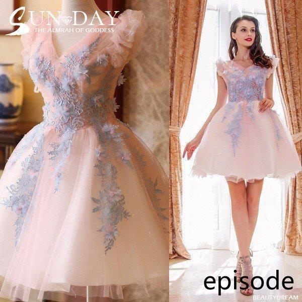 パーティドレス　ミニドレスウェディングドレス可愛いミニドレス花嫁ミニドレスショート丈二次会演奏会同窓会謝恩会刺繍花hs2834