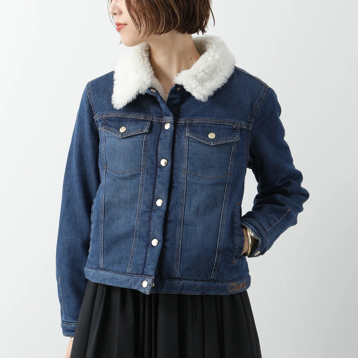 Chloe Kids クロエ キッズ デニムジャケット C20248 レディース ガールズ 長袖 Gジャン ジージャン ボア フェイクファー ロゴ刺繍 Z10/DENIM-BLUE