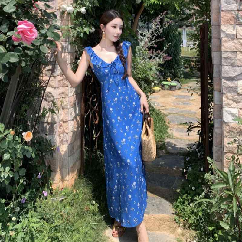 ワンピース 大人 女性 夏 スリム Vネック 花柄 Aラインスカート ロング丈 サスペンダードレス サマーワンピ フリル リゾート フェミニン シルエット レディース エレガント