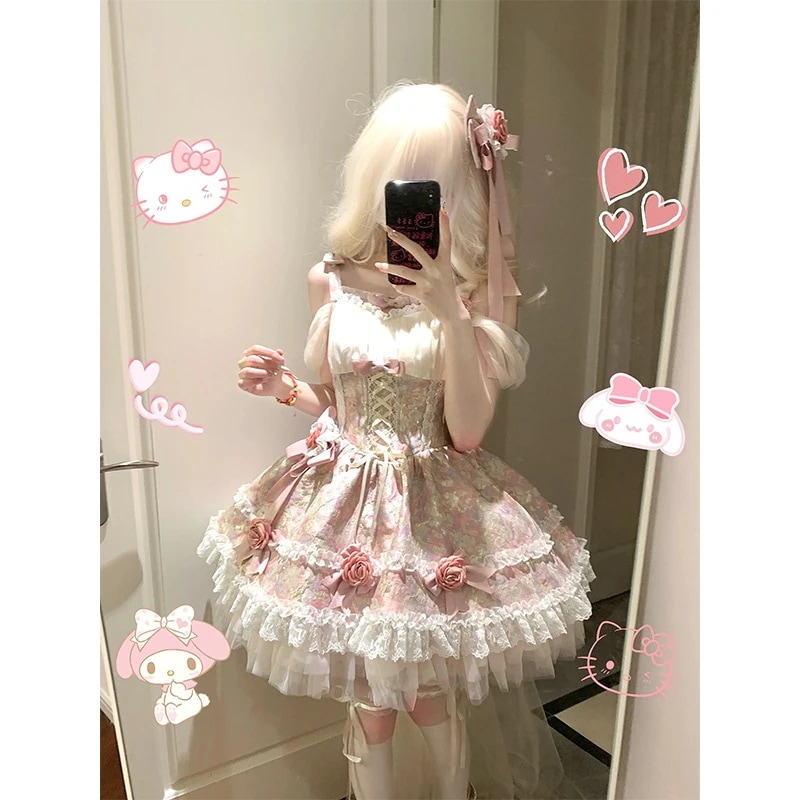スウィートガールジャガード地ガールロリータドレスロリータ春ウエストプリンセススカート女性用