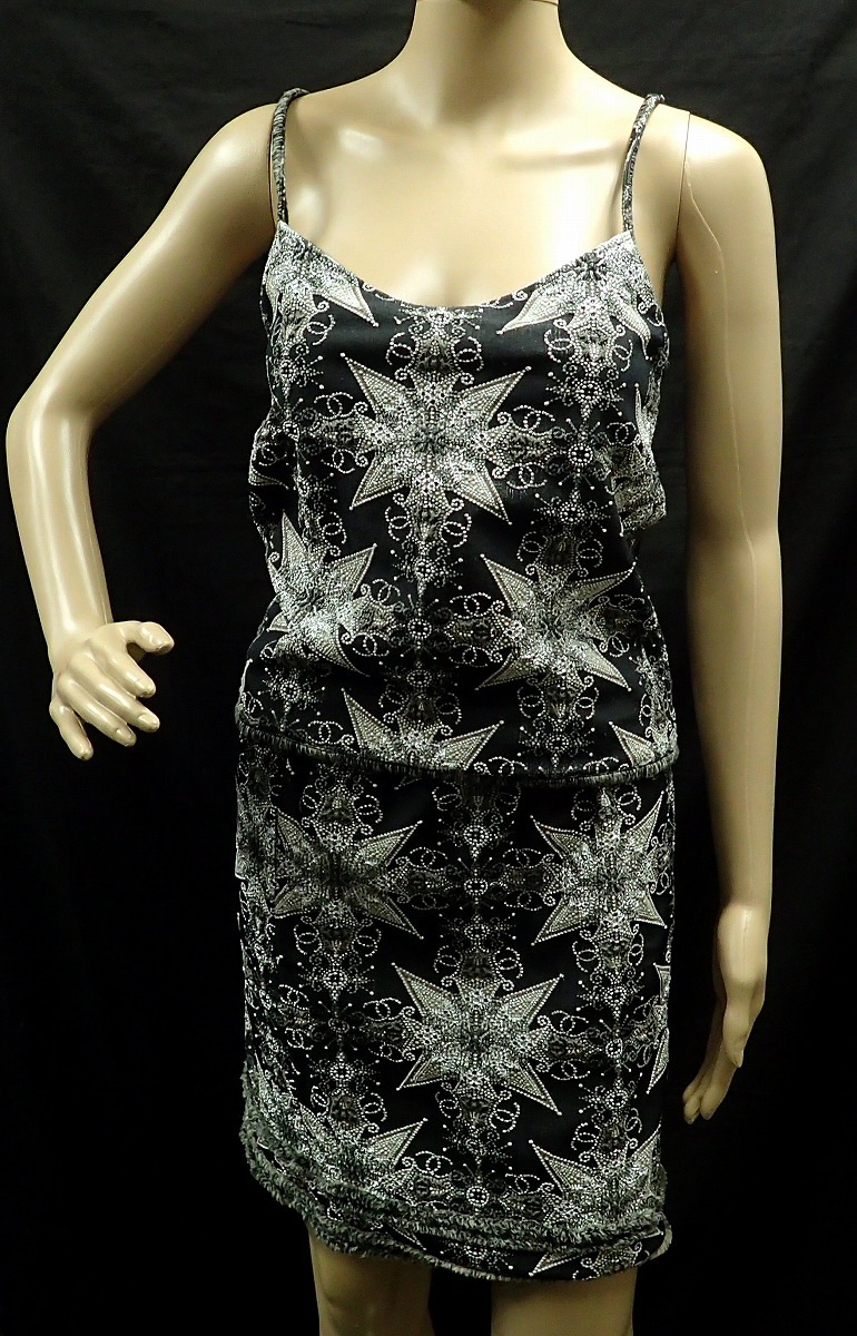 キャミソール スカート セットアップ 刺繍 銀糸 ブラック シルバー クリーニング済 #38 M4533 P28810V1872