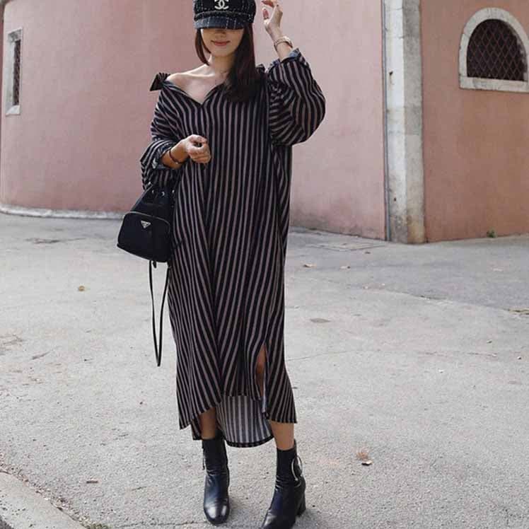 ロング丈シャツワンピースストライプマキシ丈ルーズドロップショルダールーズマキシワンピ長袖エレガント