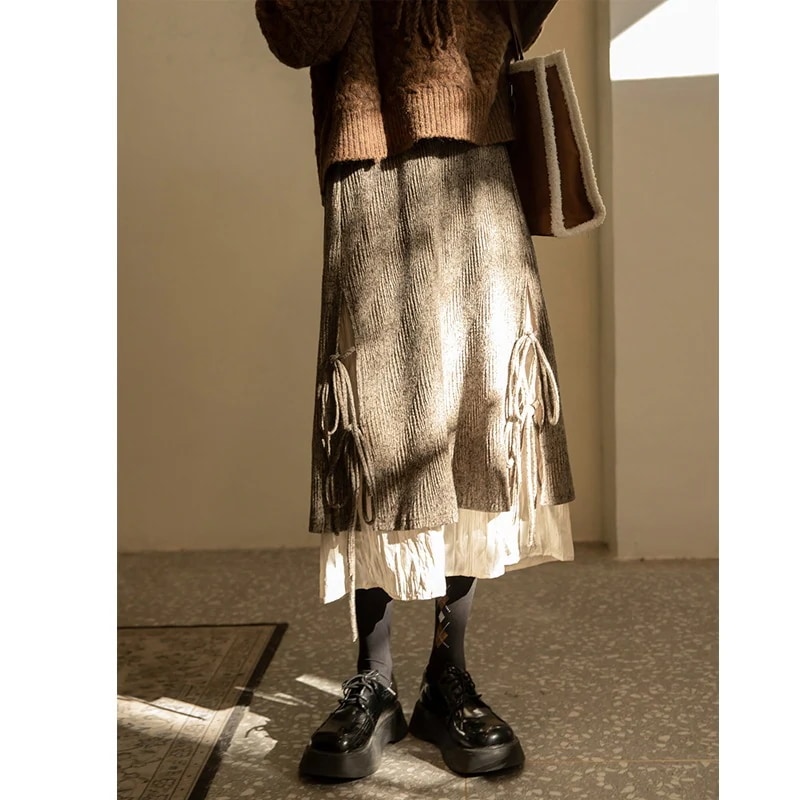 フレンチヴィンテージ ハイウエスト 不規則 ハイウエスト パッチワーク セミロング スカート コージュロイ ドローストリング スカート 母の日