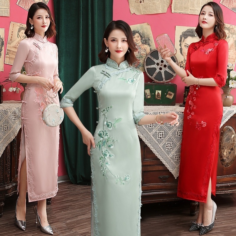 ワンピースドレスドレス刺繍ロングチョンサム2025スプリングスタイル修正されたミッドスリーブシルクシルク大サイズ古い上海スリムデイリーチョンサム
