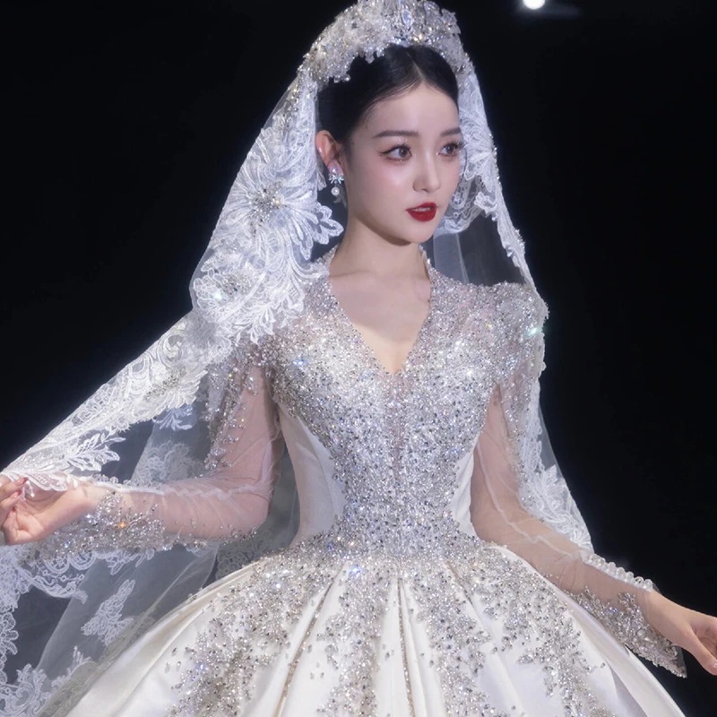 サテンウェディングドレス2025新作ブライダルメインヤーンハイエンドテクスチャー重工業長袖冬クイーンカラーライトレトロ