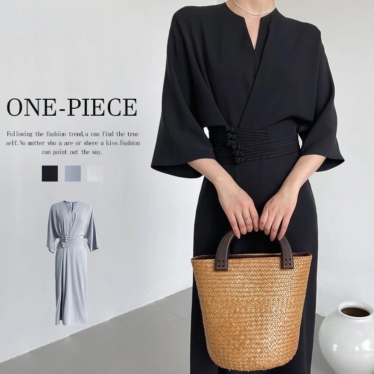 七分袖ワンピース きれいめ おしゃれ 春夏 vネックワンピース チャイナーボタン アシンメトリー ロング シャツワンピース vネック レディース 夏 ワンピース 七分袖 フォーマル ロングワンピース