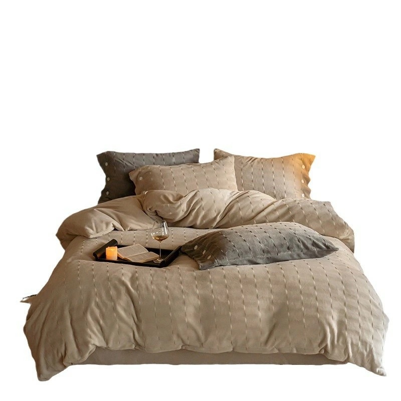 寝具セット 四点セット 牛乳フリース 高級感 提花 厚手 保温性 冬用 カットフラワー 珊瑚フリース ベッドシーツ ベッドスカート