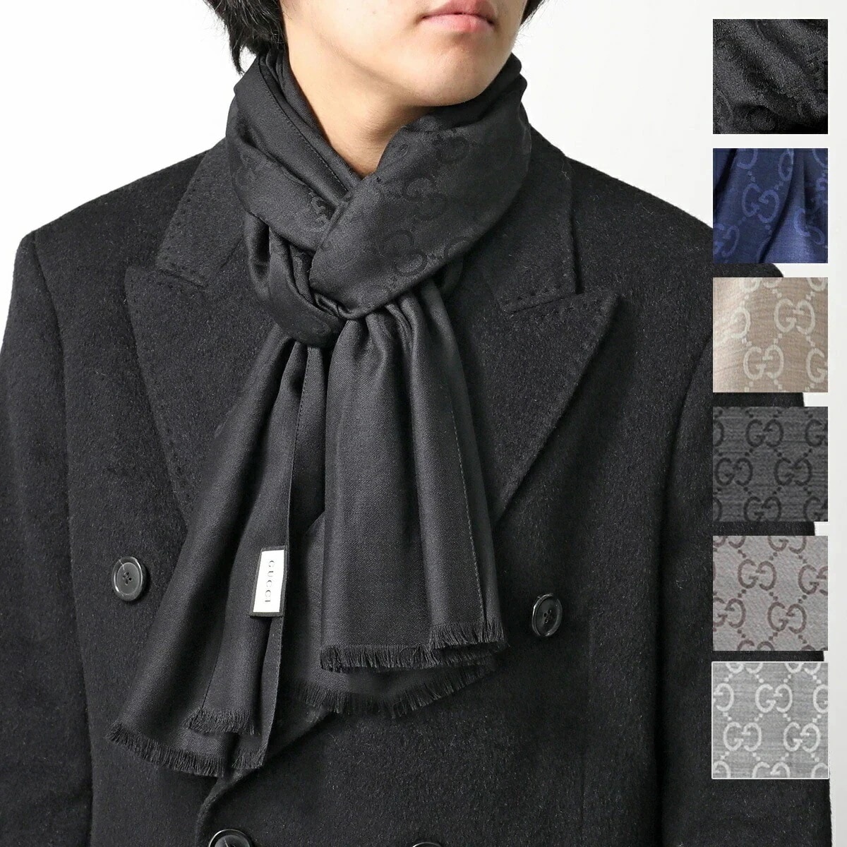 GUCCI グッチ ストール 165904 3G646 メンズ スカーフ シルク混ウール ジャガード GGロゴ フリンジ カラー8色