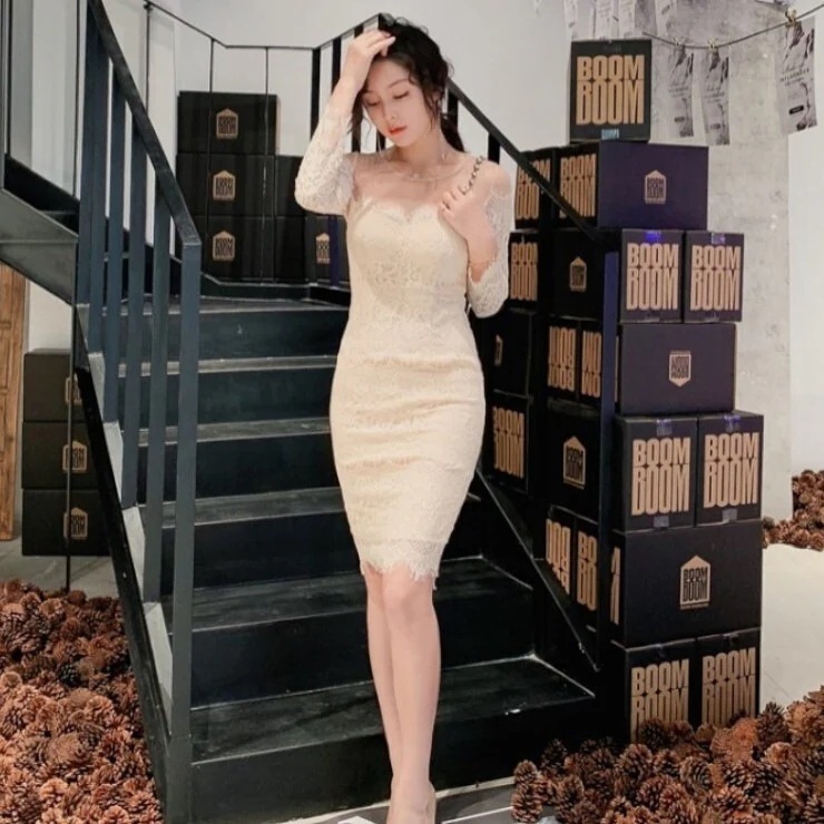 ドレス レディース ワンピース スカート タイトスカート ワンピドレス ひざ丈 ミディアム丈 長袖 襟なし スリム タイト 細身 スリット 透け感 レース ハイウエスト 薄手 かわいい 大人可愛い