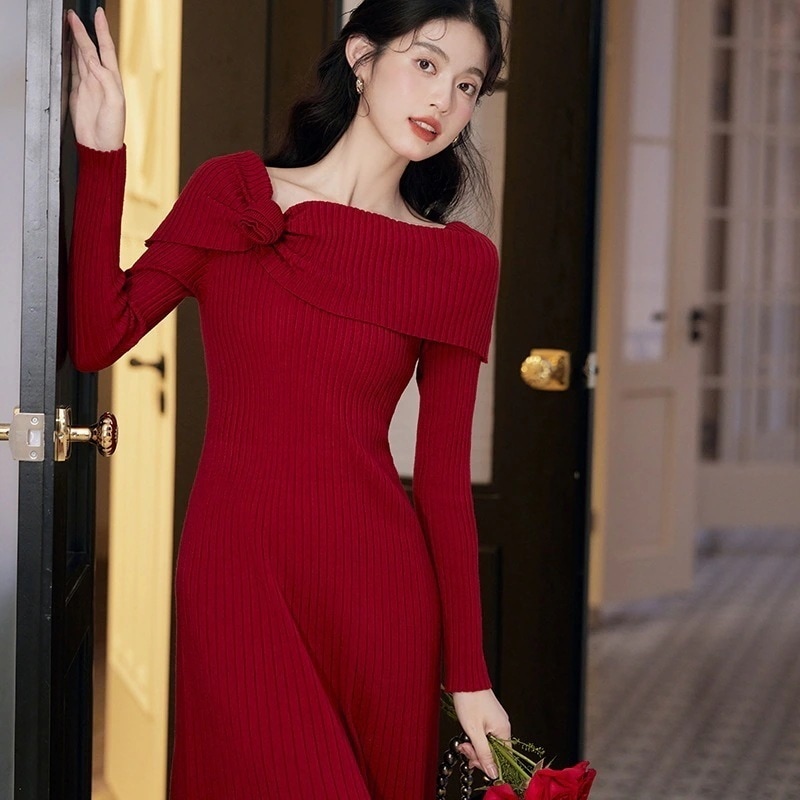 春先取 ワンピース フランス Vネックニットワンピース うちばり ロングスカート 韓国ワンピス