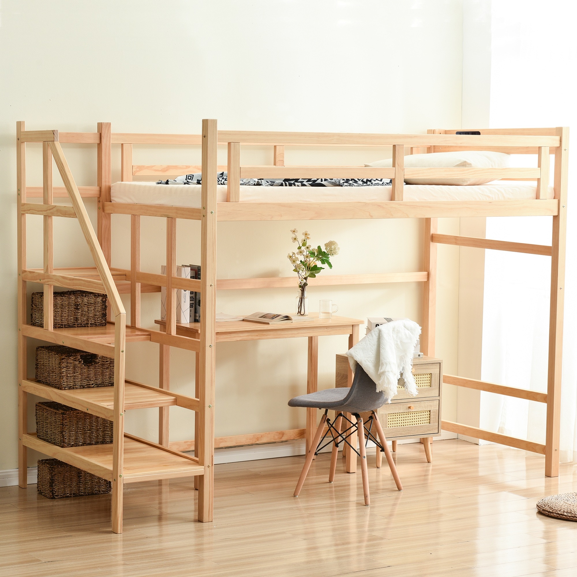 【大好評！最安値挑戦!】ロフトベッド 階段付き 天然木 コンセント付き シングル 宮付き 収納棚付き 収納 北欧風 大人 一人暮らし 子供ベッド ベッド 木製ロフトベッド 高さ172cm 宮付きGG5