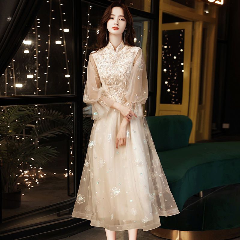 シャンパン イブニング ドレス女性 2024 宴会エレガントな気質のの上級花嫁介添人ドレスは通常着用することができます 4,875円