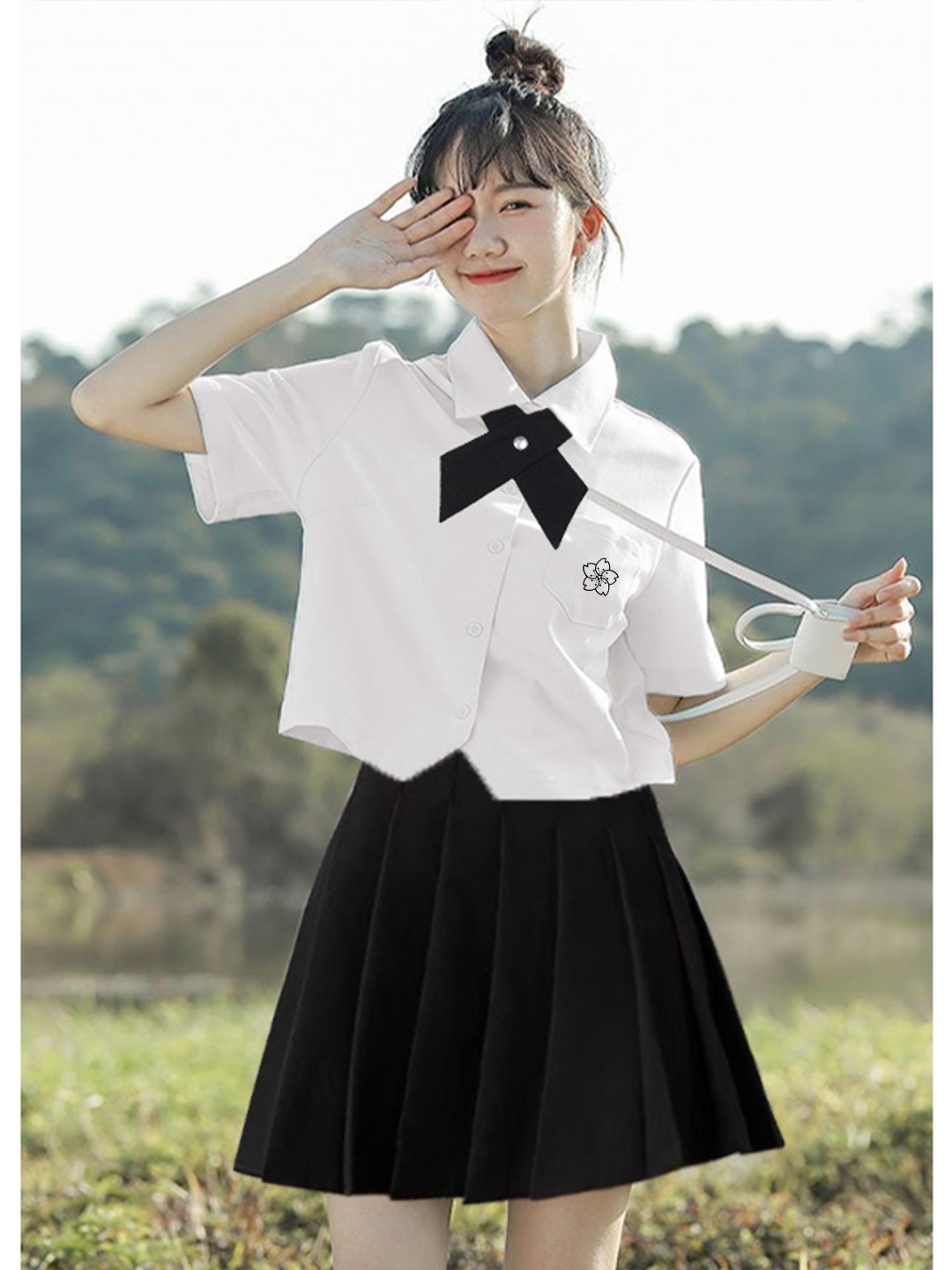 【1点ご購入 で10点プレゼントいたします】制服ショート丈白シャツ女子学生半袖トップス学院風小柄シャツプリーツスカートフルセット