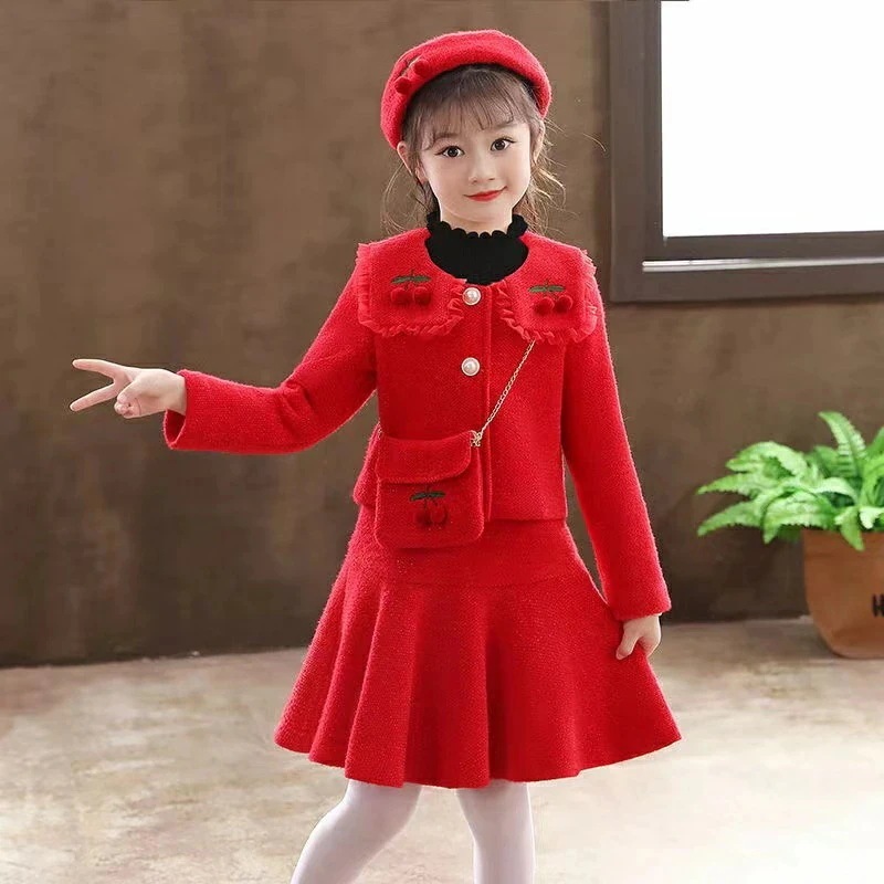 【急速出荷!】子供服 セットアップ ジャケット スカート 2点セット ツイードジャケット 冬 ツイード カバン付き アンサンブルスーツ プリーツスカート 女の子セットアップフォーマル お呼ばれ 入学式