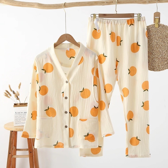 レディース ルームウェア パジャマ 部屋着 セットアップ 寝巻き フルレングス 長袖 Vネック フェミニン ハイウエスト 前開き ボタン 薄手 綿 コットン ガーゼ かわいい 大人可愛い カジュアル