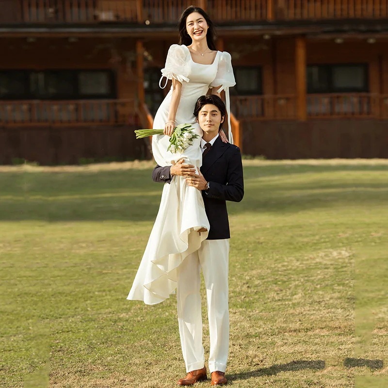 ワンピースドレスドレスライトウェディングドレス2025花嫁サテン気質小尾尾シンアンド雰囲気のスーパートラベルフォトドアベール夏