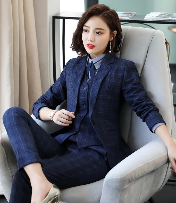洗えるスーツ4点セットスーツ ビジネス 長袖ジャケット+パンツ+シャツ+ベスト フォーマル 通勤 OL オフィス 制服 春秋着 着痩せ 20代30代40代 ママ 面接 パンツスーツ チェック柄 S/M