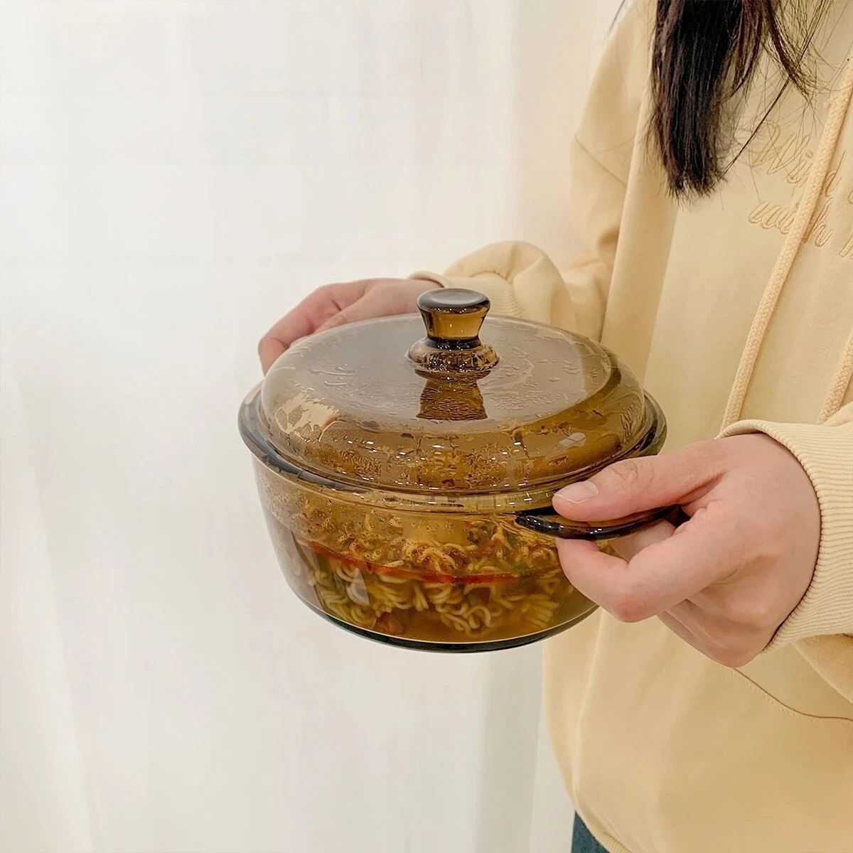 韓国インテリア　雑貨茶色のガラス製ダブルイヤーボウルインスタントラーメンボウル