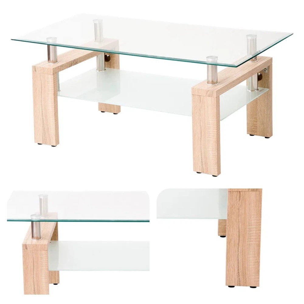 82ガラステーブル コーヒーテーブル 幅88cm 強化ガラス天板 収納付き 二段収納 おしゃれ リビング用テーブル 棚付き 一人暮らしに最適 大容量収納 センターテーブル 木製脚