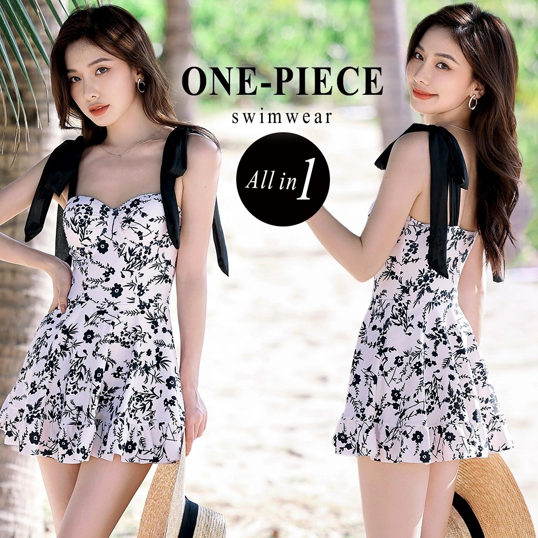水着 レディース ワンピース 体型カバー 20代 30代 40代 ママ水着 オールインワン 花柄 黒 ノースリーブ 裾ペプラムスカート ワイヤー入り ウエスト 切り替え リボン 肩紐 ラメ入り 裾フリ