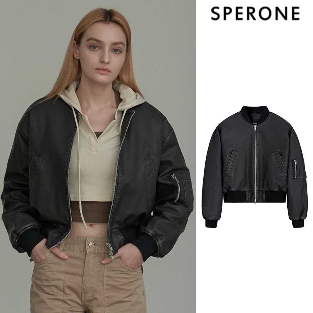 [SPERONE] Overfit Washed Crop Leather Bomber Jumper